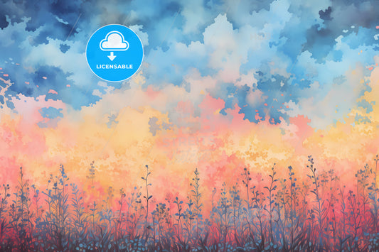 A Light Yellow Pink And Blue Background, A Painting Of A Field Of Flowers