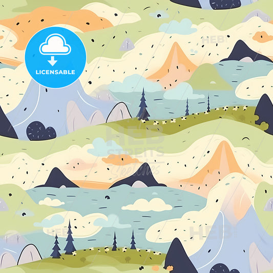 Hand Drawn Landscape Pattern, A Pattern Of Mountains And Trees