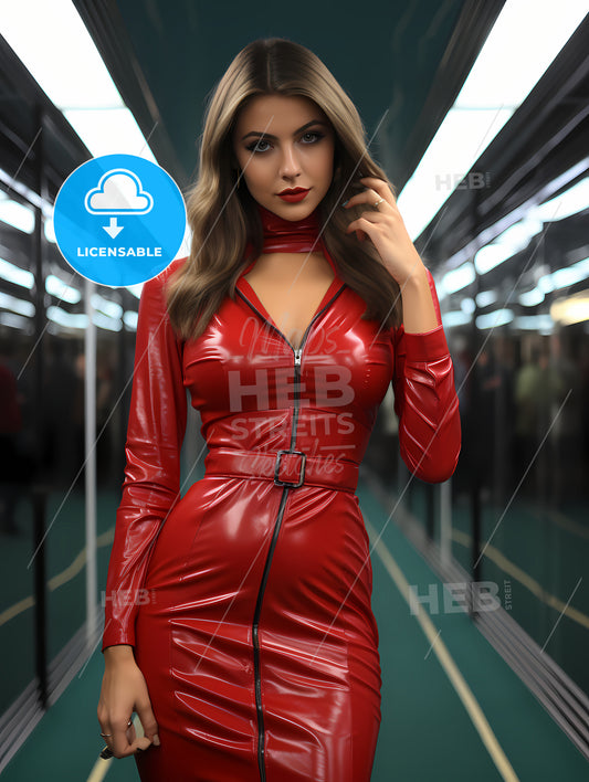 Standing On A Subway, A Woman In A Red Dress