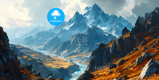 Mountain Tibet Roerich, A River Running Through A Valley Of Mountains