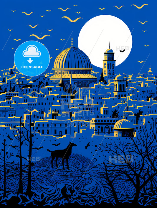 Outline The City Of Jerusalem, A City With A Dome And A Building With Birds And A Moon