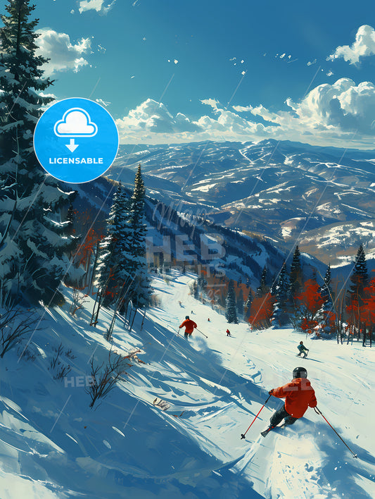 Two People Are Skiers In The Snow, A Group Of People Skiing Down A Snowy Mountain