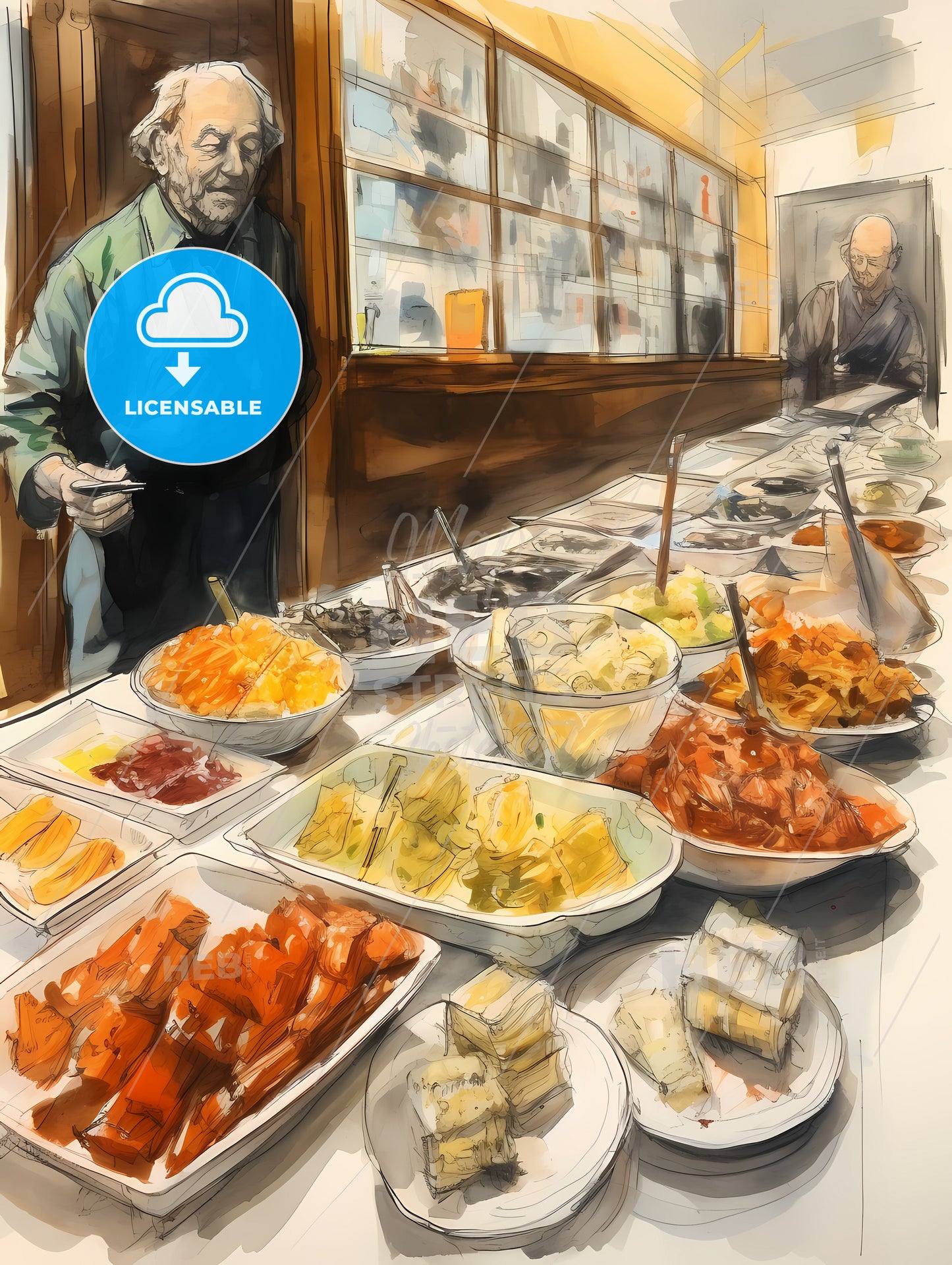 Sushi Food Drawing, A Man Standing In Front Of A Buffet Table Full Of Food