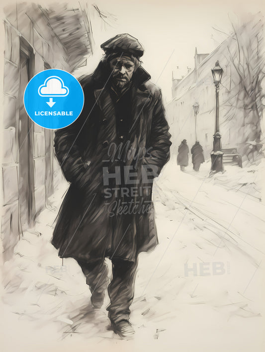 Charcoal Drawing Of A Boshevik, A Man Walking Down A Snowy Street
