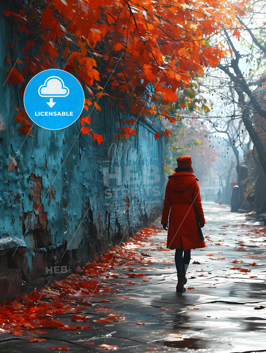 Shes Walking Down The Sidewalk, A Woman Walking Down A Sidewalk With Red Leaves On The Wall