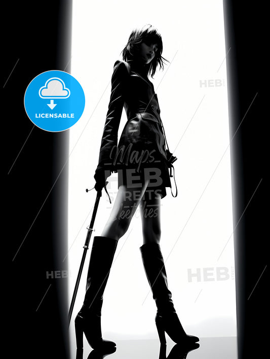Girl Model Shooting Low Angle Shot, A Woman In A Leather Coat And Boots Holding A Sword