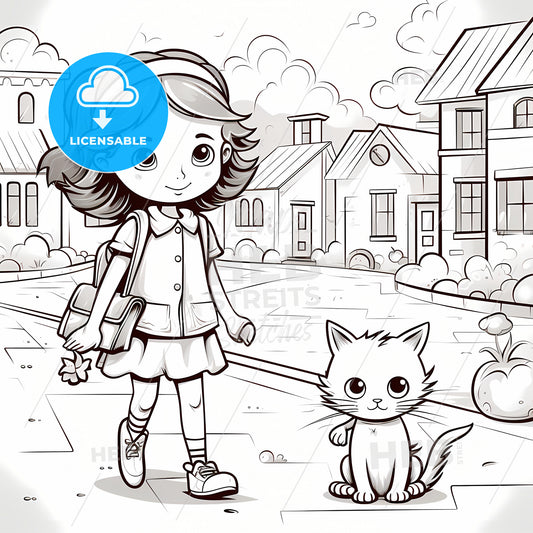 Coloring Book For Kids, A Cartoon Of A Girl Walking With A Cat