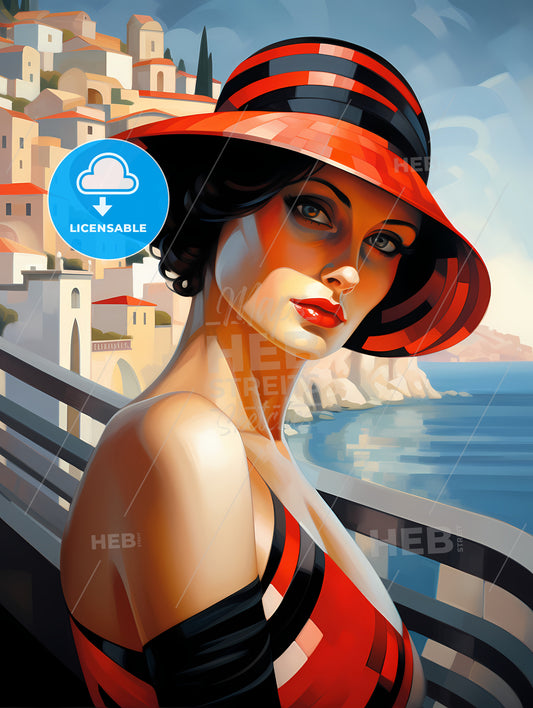 A Woman Wearing A Black And Red Hat, A Woman In A Hat