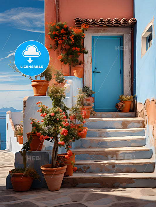 San Miguel Vibrant Color Combinations, A Blue Door With Orange Flowers And Stairs