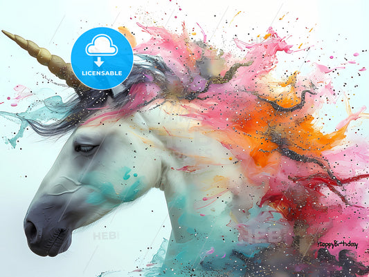 Unicorn Birthday Card With A Unicorn Face, A Unicorn With Colorful Hair