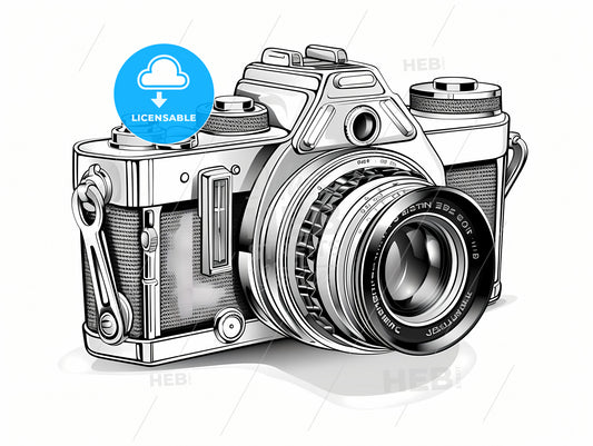 Rough Sketch Of A Dslr Camera, A Black And White Drawing Of A Camera