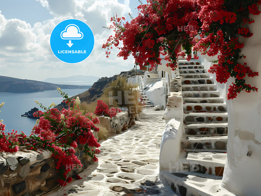 A Graphic Illustration Of Santorini Greece, A Stone Walkway With Red Flowers On It