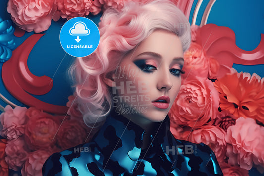 Strong Color Contrast, A Woman With Pink Hair And Blue Dress