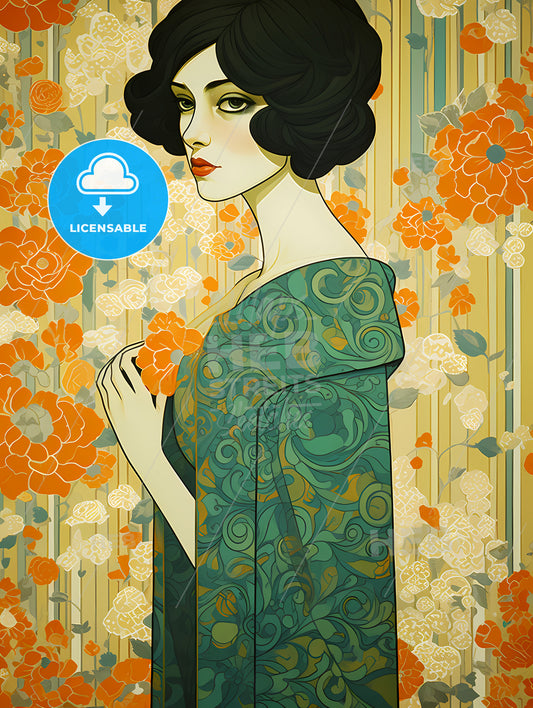 Portrait Of An Extremely Beautiful Young Snow White, A Woman With Black Hair And Green Dress