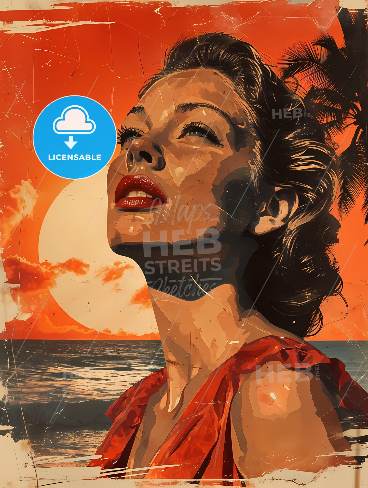 Sunshine Happy Retro Surreal Art, A Woman Looking Up At The Sun