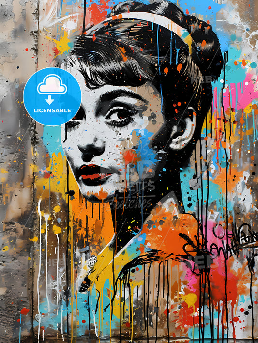 Holly Golightly Breakfast At Tiffanys Portrait, A Painting Of A Woman With Paint Splatters