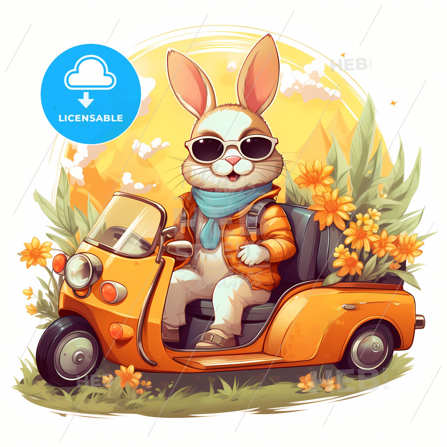 Line Cartoon Cute Style, A Cartoon Of A Rabbit In A Car