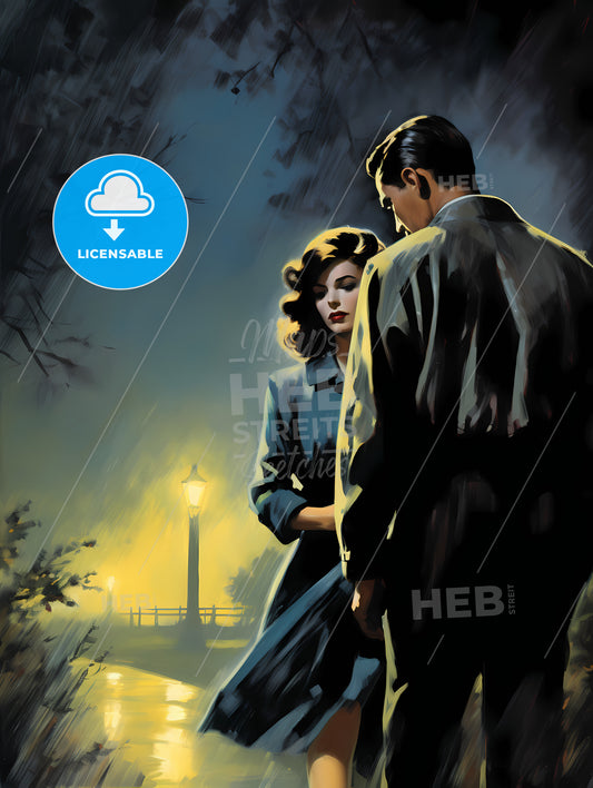 1940S Pulp-Noir Style, A Man And Woman Standing In The Rain
