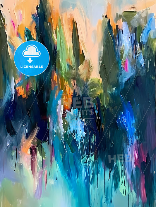 Impressionistic Landscape In Southern France, A Painting Of Trees And Flowers