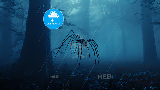 In A Misty Forest, A Large Spider In A Foggy Forest