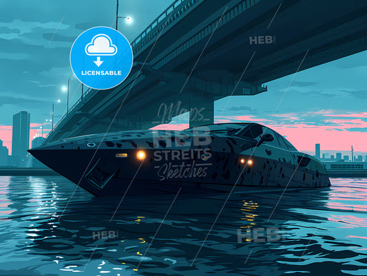 A Vector Drawing Of A Speed Boat, A Boat Under A Bridge
