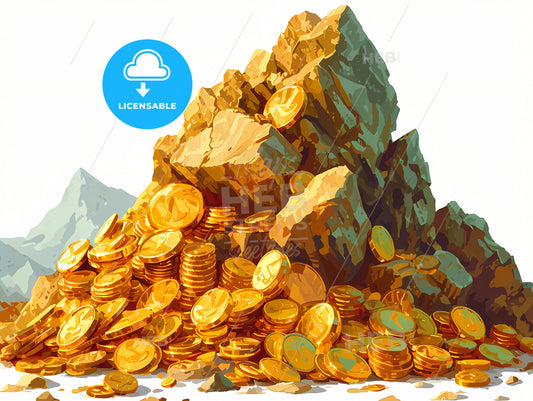 Mountain Of Coins On A White Background, A Pile Of Gold Coins
