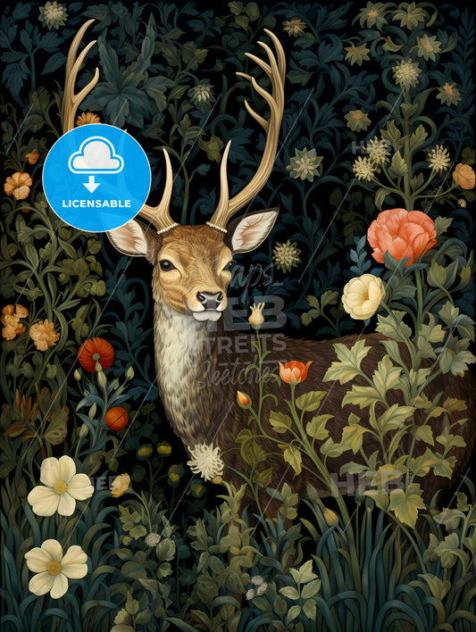 A Deer In The Middle Of Floral Tapestry, A Painting Of A Deer In A Garden