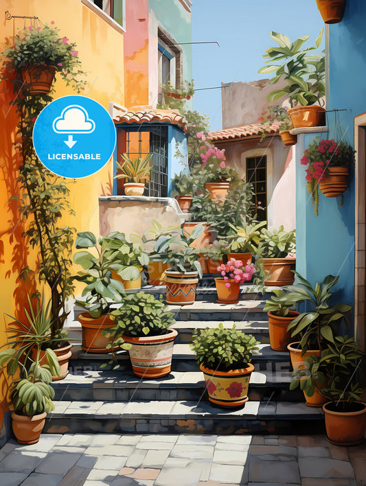 San Miguel Vibrant Color Combinations, A Painting Of A Courtyard With Pots Of Plants