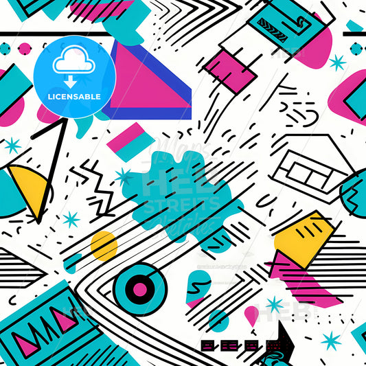 Illustration In Retro 80S Style, A Colorful Pattern Of Geometric Shapes