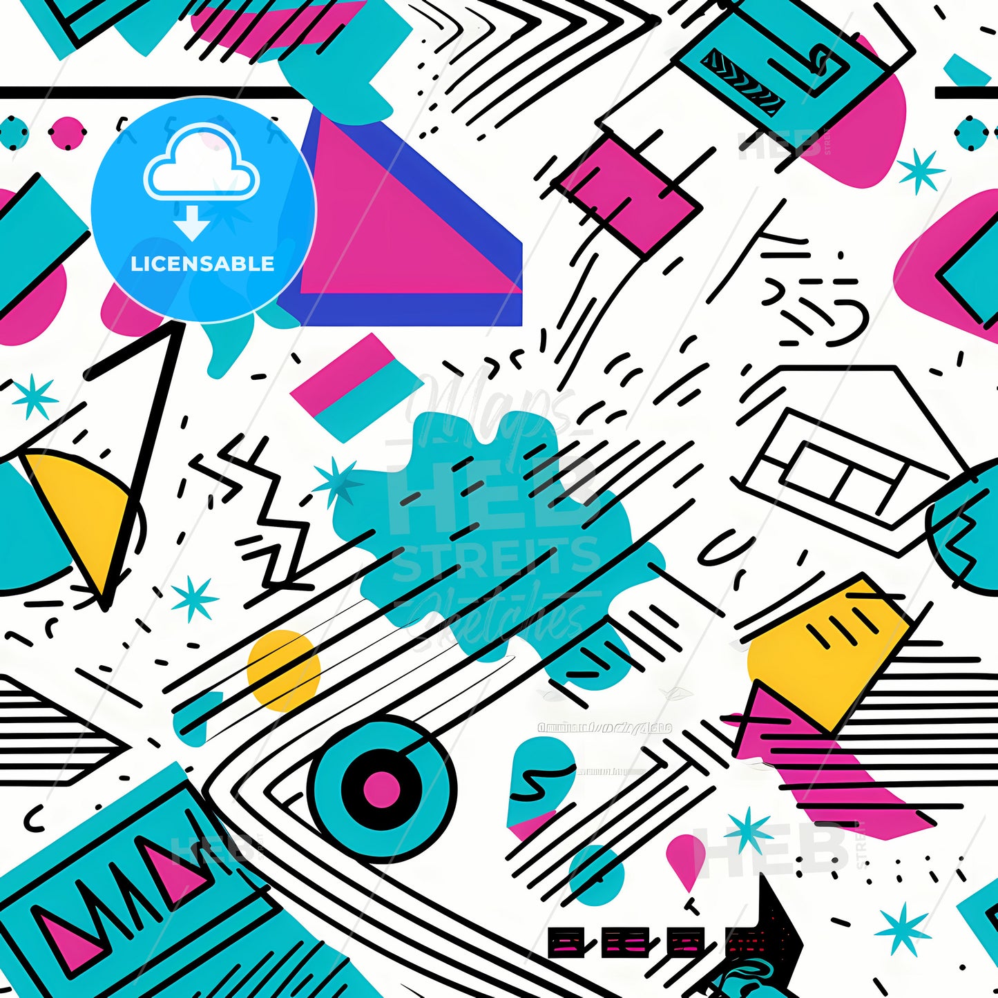 Illustration In Retro 80S Style, A Colorful Pattern Of Geometric Shapes
