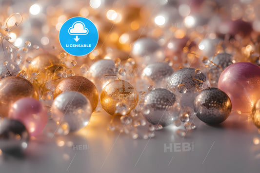Elegant Silver Gold Pink Christmas Light Bokeh Background, A Group Of Shiny Balls With Water Drops