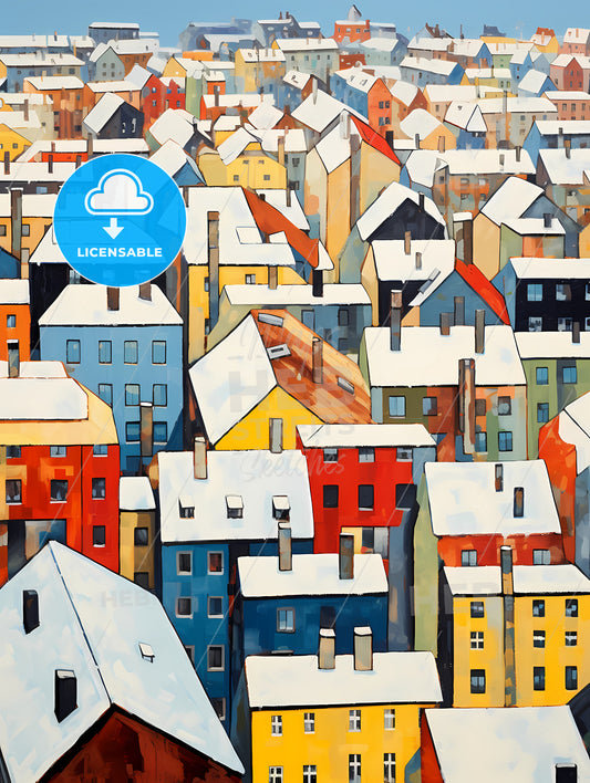 Snowy Urban Roofs Of Berlin, A Group Of Colorful Buildings With Snow On The Roof