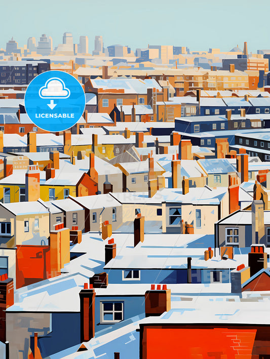 Snowy Urban Roofs Of London, A City With Many Roofs Covered In Snow