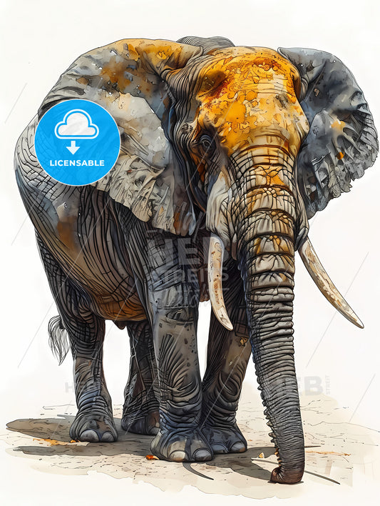Detailed Sketch Of A Curious African Elephant, An Elephant With Tusks