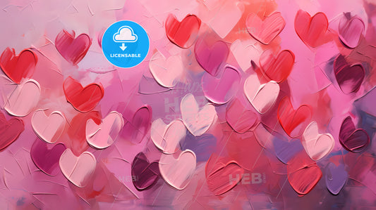 Abstract In Image Of Pink Red Hearts, A Group Of Hearts Painted On A Pink Background