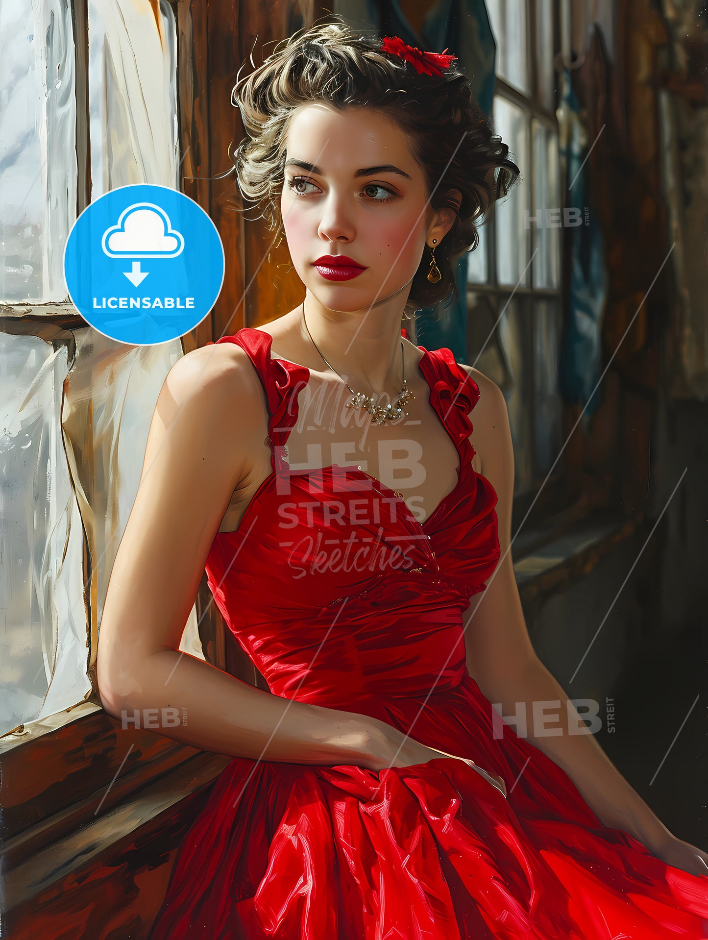 Painting Of Woman Sitting By The Window, A Woman In A Red Dress