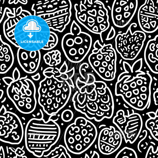 Vector Seamless Monochrome Fruit Pattern, A Black And White Pattern Of Strawberries