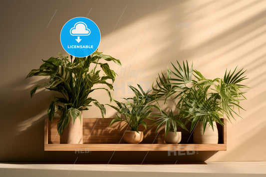 A Wooden Stand On The Wall With Natural Foliage, A Group Of Potted Plants On A Shelf