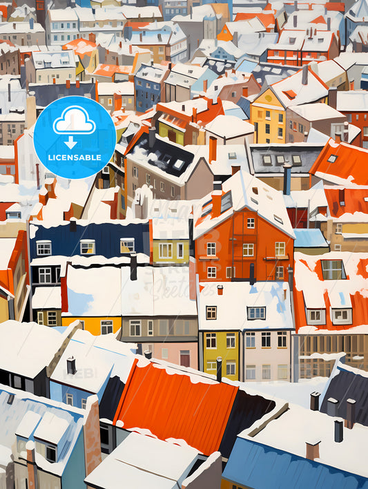 Snowy Urban Roofs Of Berlin, A Group Of Buildings Covered In Snow