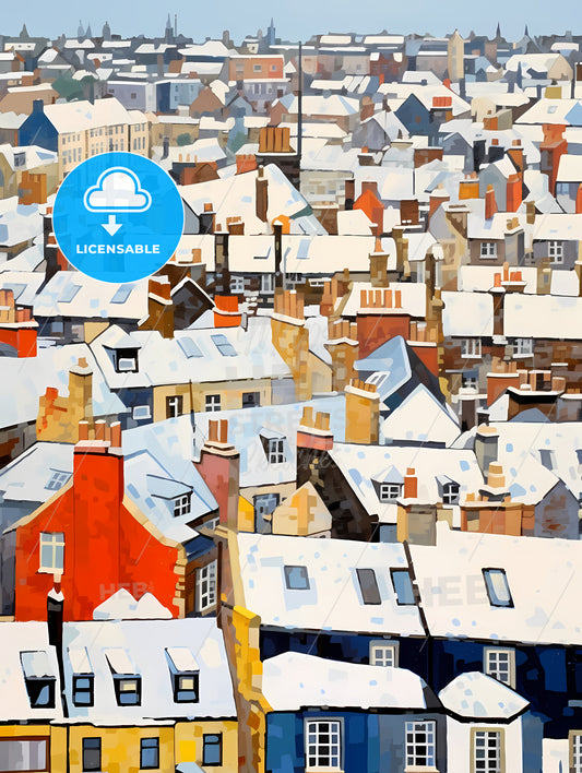 Snowy Urban Roofs Of London, A Group Of Buildings Covered In Snow