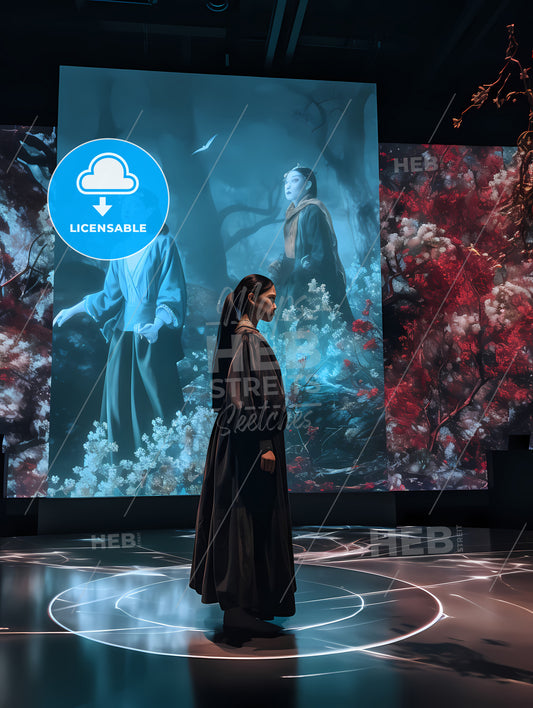 Shakespeare Visited Tencent, A Woman In A Black Robe Standing In Front Of A Large Screen