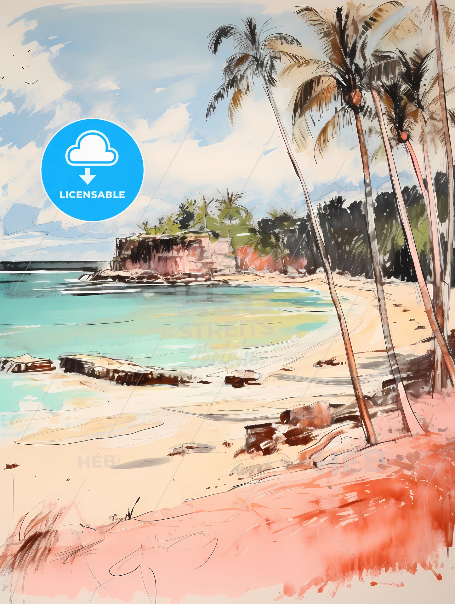 Sandy Tropical Beach, A Beach With Palm Trees And A Rocky Cliff