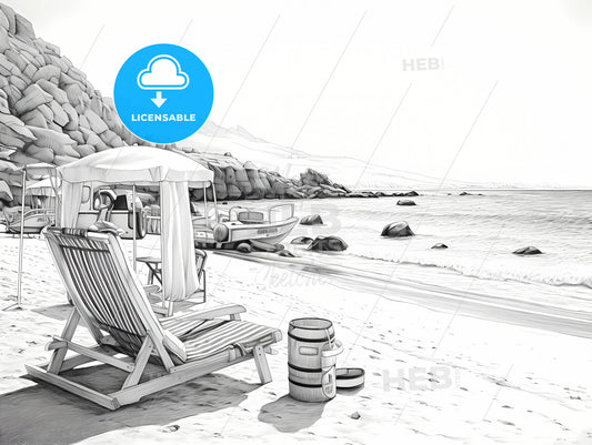 A Wide Sunny Beach, A Beach With Chairs And A Barrel On The Beach