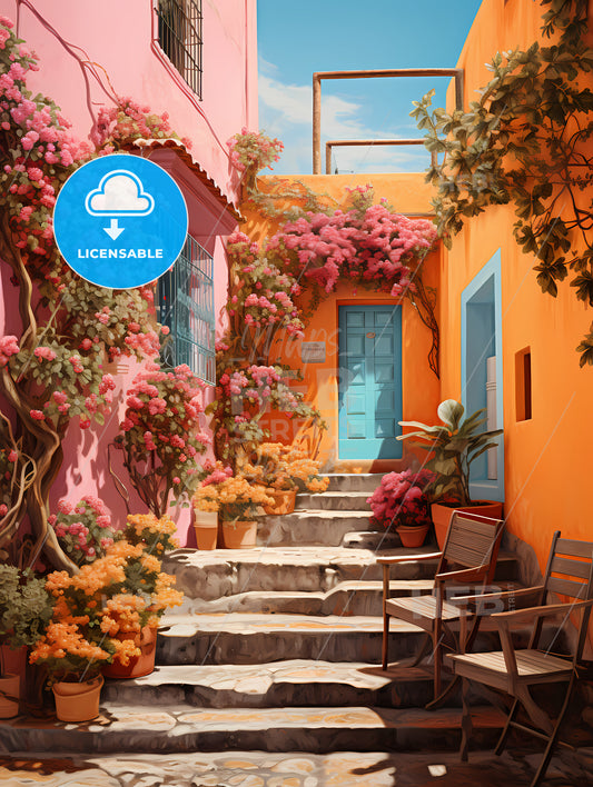 San Miguel Vibrant Color Combinations, A Colorful Courtyard With Stairs And Chairs