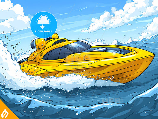 A Vector Drawing Of A Speed Boat, A Yellow Boat On The Water