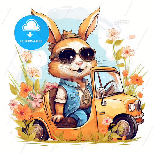 Line Cartoon Cute Style, A Cartoon Rabbit Wearing Sunglasses And Driving A Car