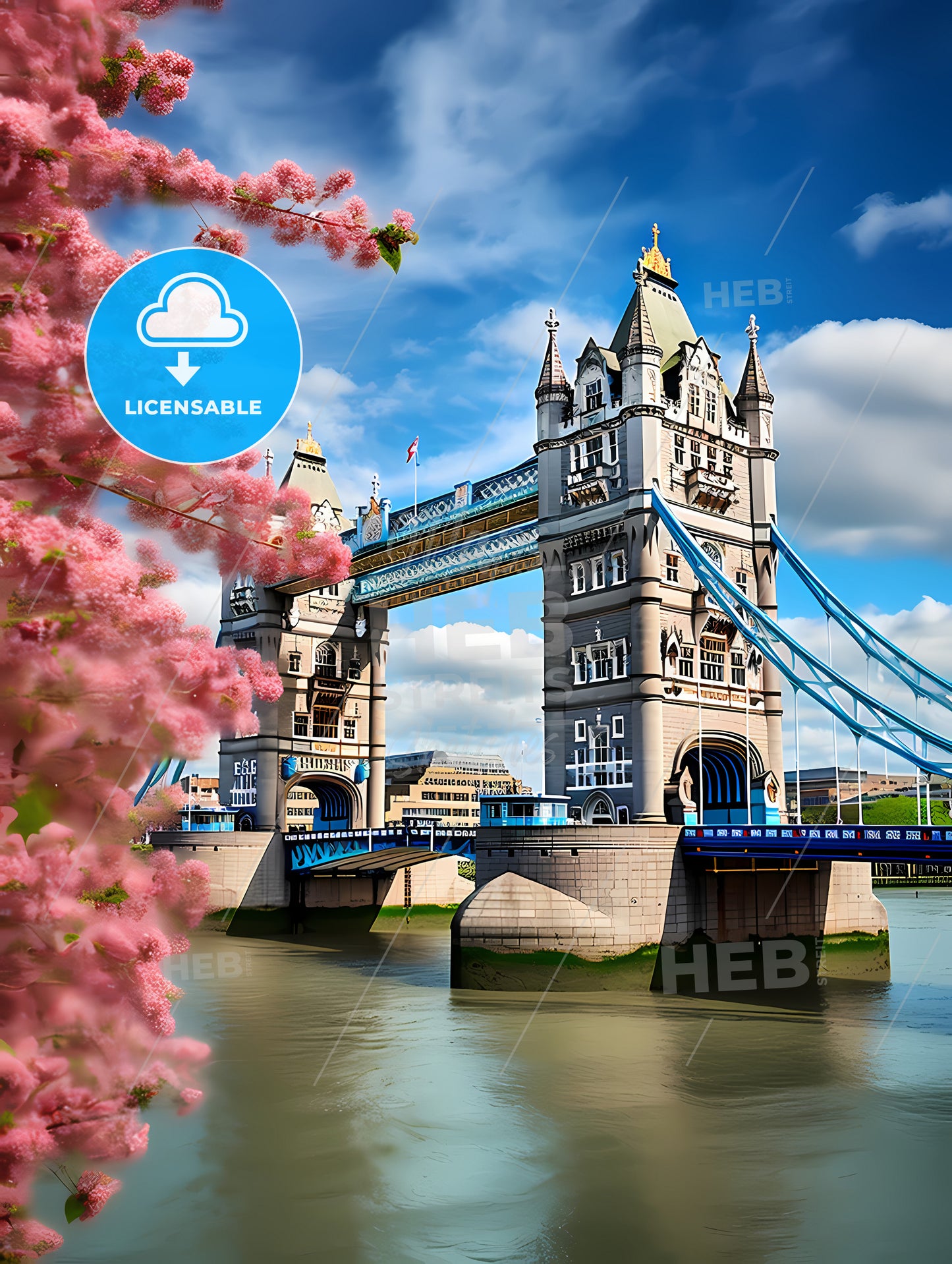 Tower Bridge, A Bridge With A Pink Tree In The Background