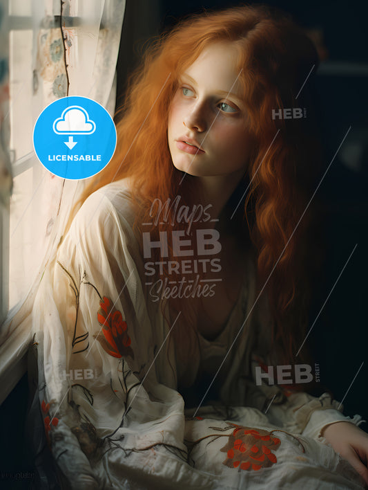 Woman With Red Hair Sitting, A Woman Looking Out A Window