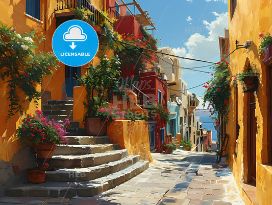 A Graphic Illustration Of Santorini Greece, A Street With Colorful Buildings And Stairs