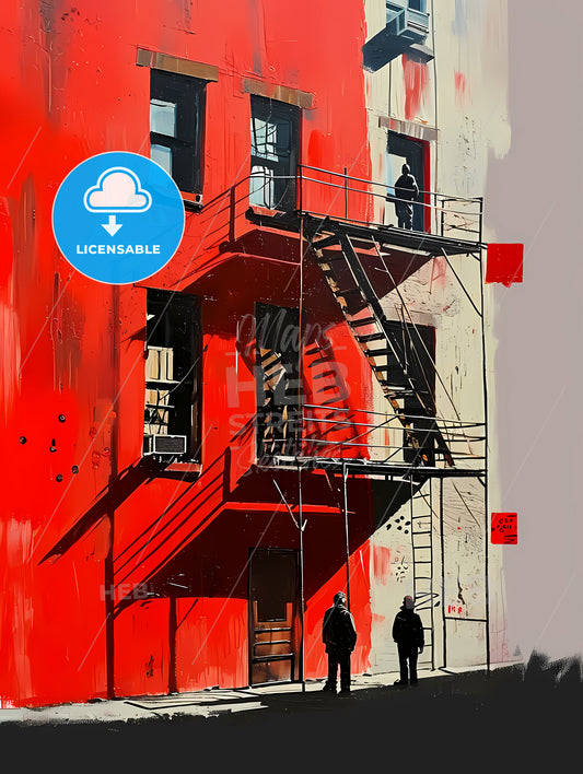 Modern Painting People Standing, A Red Building With A Couple Of People Walking On The Side